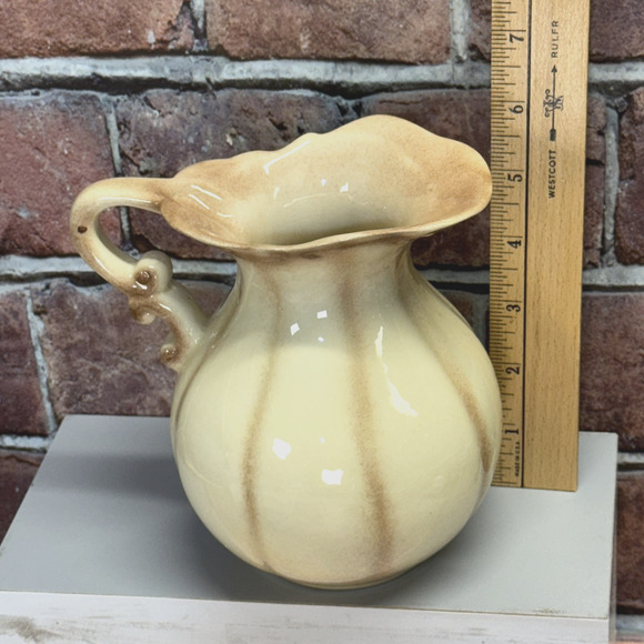 Vintage Studio Art Pottery Pitcher Glossy Cream Ivory w/Brown Wheat Tan Stripes‎ - Picture 4 of 7